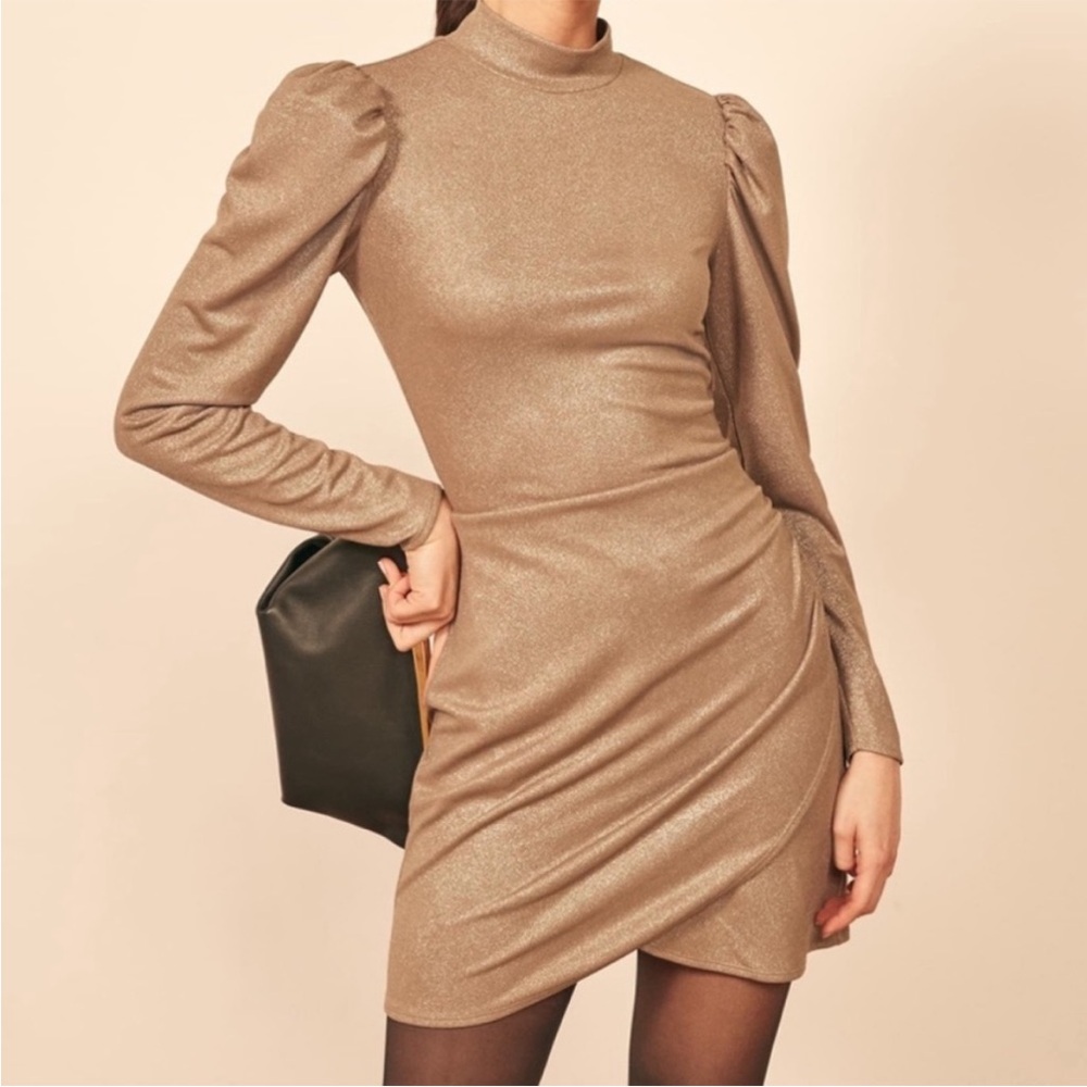 REFORMATION Lexi Puff Sleeve Mock Neck Mini Dress